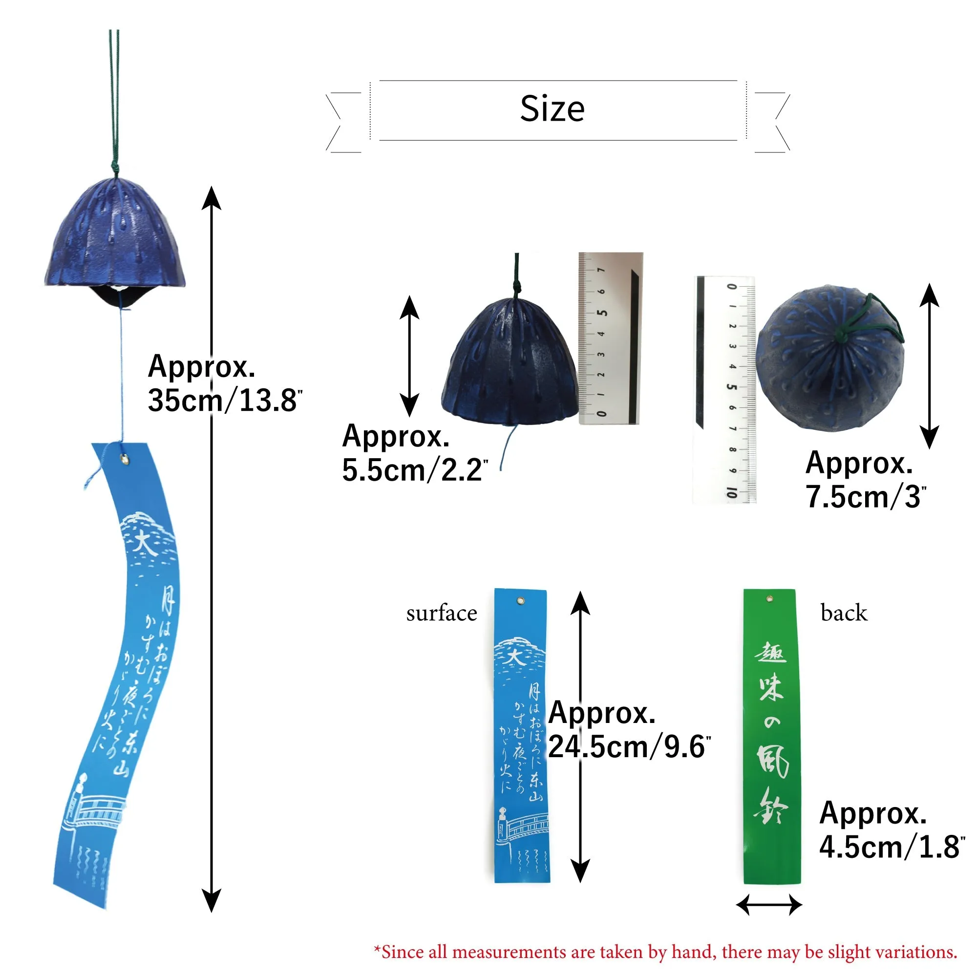 Furin,Japanese Wind Chime Nanbu Cast Iron Handcraft, Navy Bell with  Drop-Shaped Pattern
