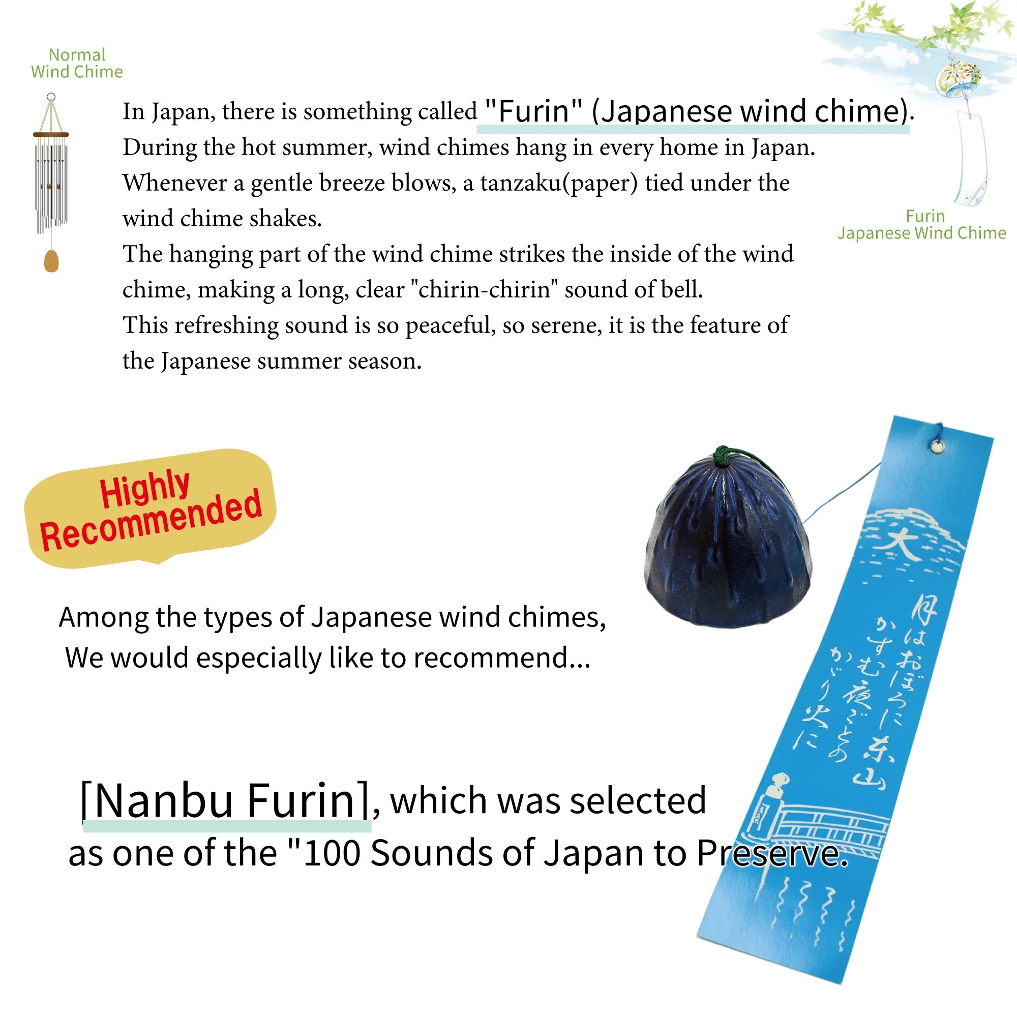 Furin,Japanese Wind Chime Nanbu Cast Iron Handcraft, Navy Bell with  Drop-Shaped Pattern