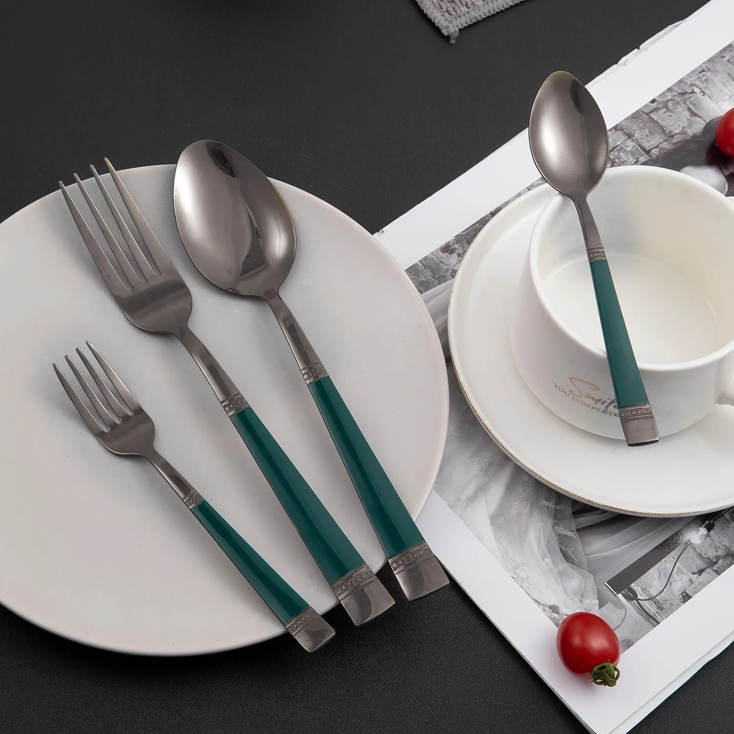 HOKIPO Cutlery Set of 18 / 24 Pcs Stainless Steel Flatware Set, Mirror Finish - Black