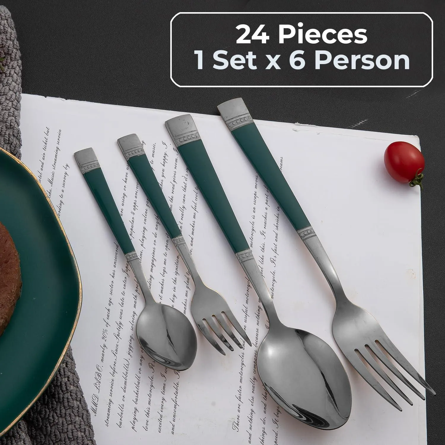 HOKIPO Cutlery Set of 18 / 24 Pcs Stainless Steel Flatware Set, Mirror Finish - Black