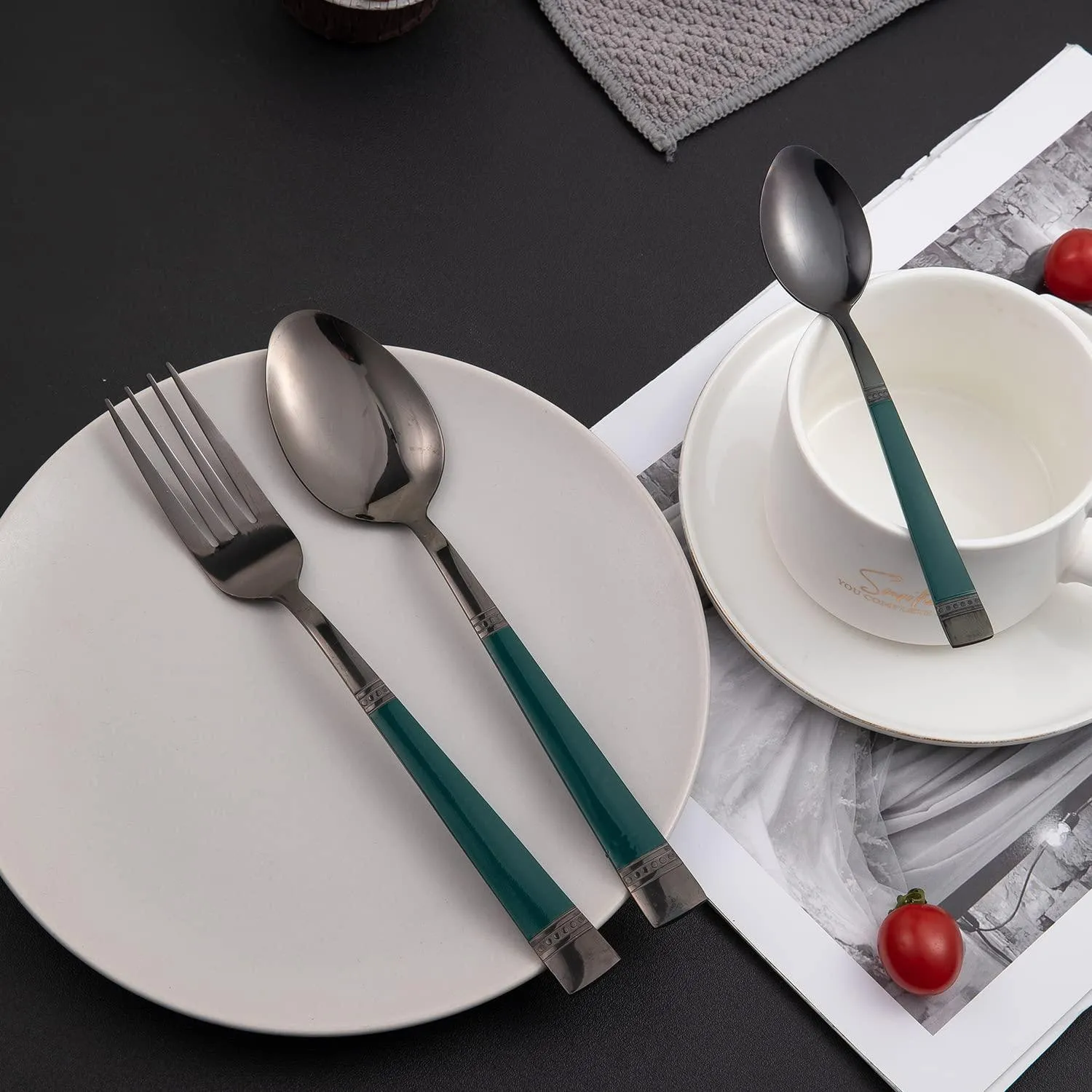 HOKIPO Cutlery Set of 18 / 24 Pcs Stainless Steel Flatware Set, Mirror Finish - Black