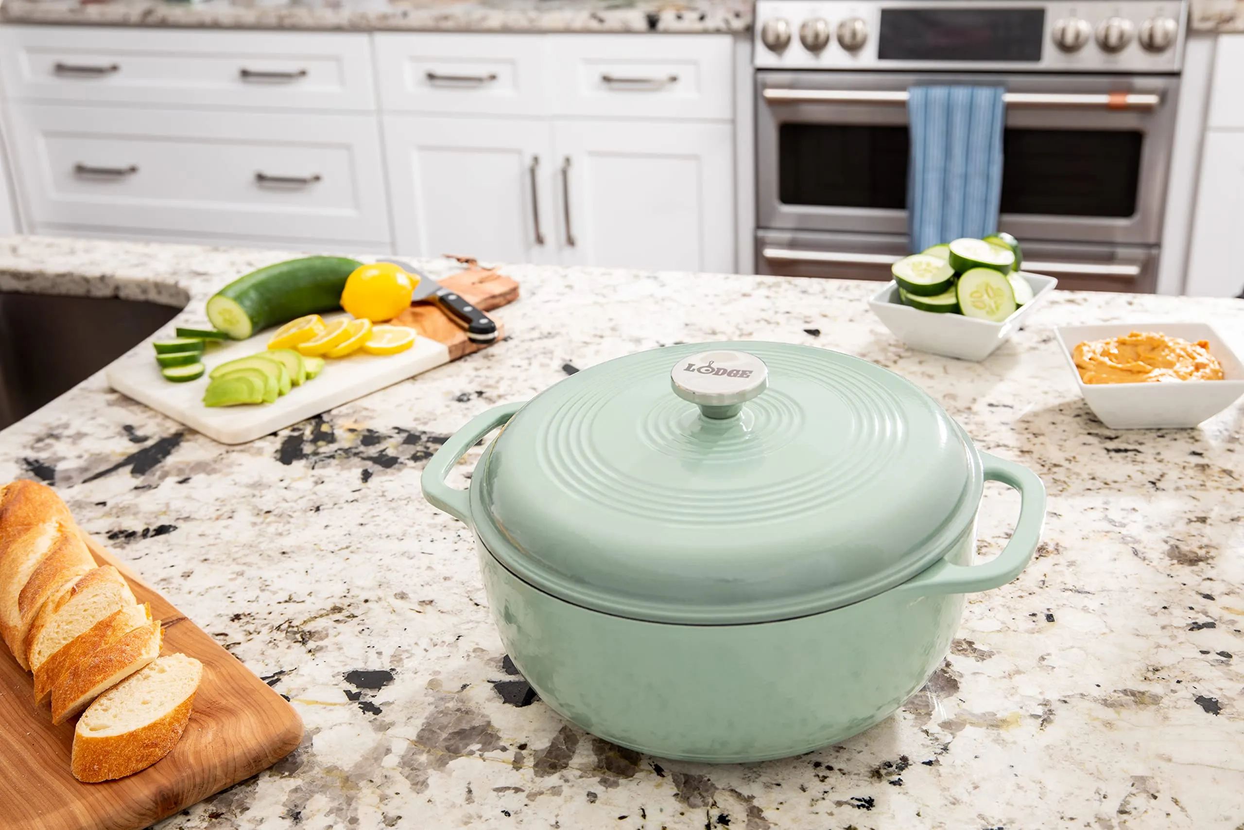 Lodge 6 Quart Enameled Cast Iron Dutch Oven with Lid – Dual Handles – Oven Safe up to 500° F or on Stovetop - Use to Marinate, Cook, Bake, Refrigerate and Serve – Desert Sage